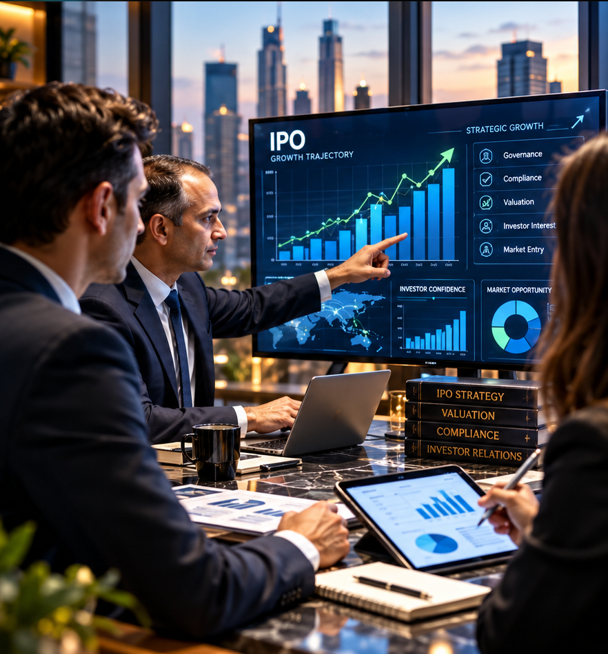 Corporate advisors discussing SME IPO strategy